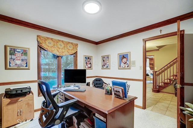 tiled office featuring crown molding