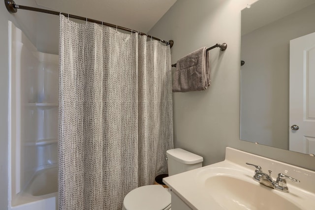 full bathroom with vanity, toilet, and shower / bathtub combination with curtain