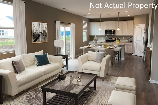 living room with sink and hardwood / wood-style flooring