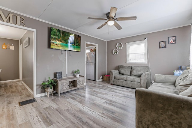 living room featuring crown molding, ceiling fan, and light hardwood / wood-style floors