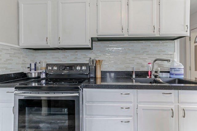 kitchen with white cabinets, sink, and stainless steel range with electric cooktop