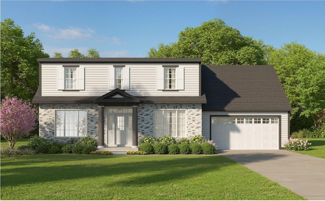 view of front facade with driveway, brick siding, a front yard, and a garage