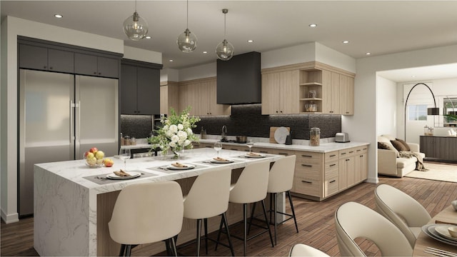 kitchen with backsplash, open shelves, dark wood-type flooring, and stainless steel built in fridge