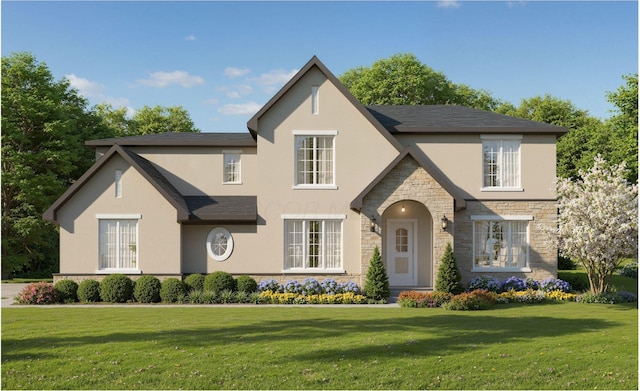 tudor home featuring a front yard, stucco siding, and stone siding