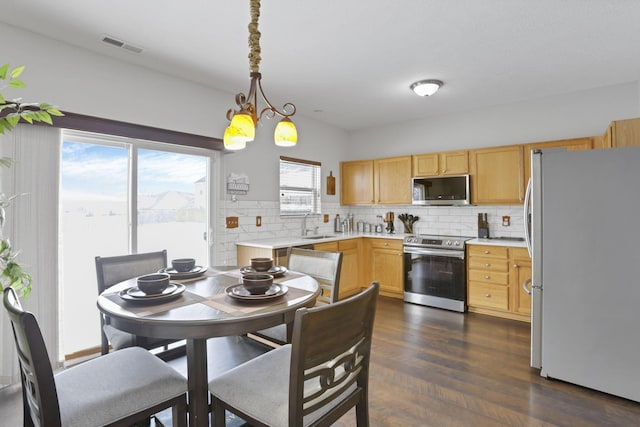 kitchen with a healthy amount of sunlight, stainless steel appliances, hanging light fixtures, and a notable chandelier