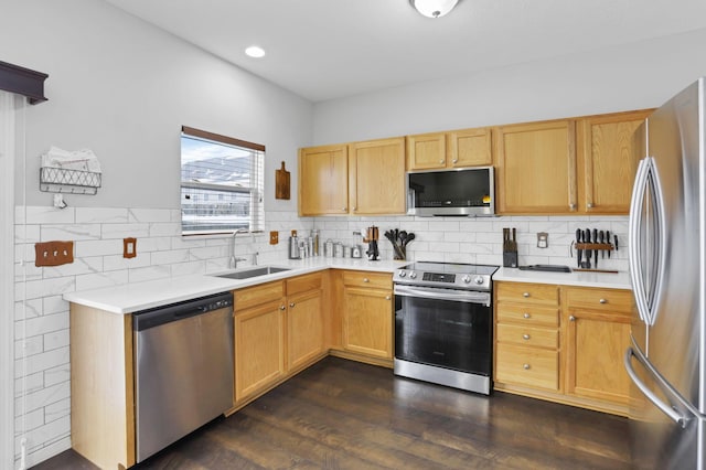 kitchen with backsplash, dark hardwood / wood-style flooring, sink, and appliances with stainless steel finishes