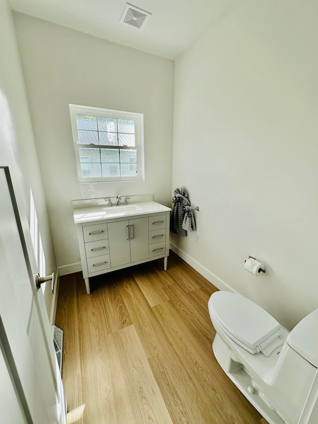 bathroom featuring vanity, toilet, and wood-type flooring