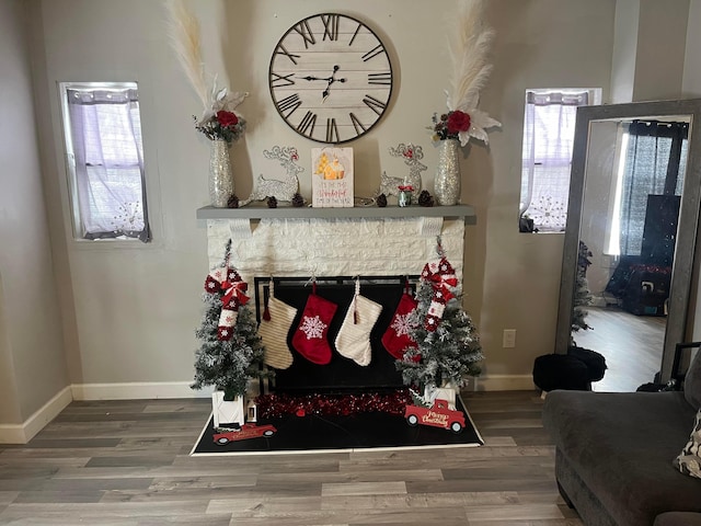 room details featuring a stone fireplace and hardwood / wood-style floors