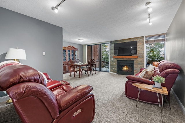 living room with a fireplace, a textured ceiling, rail lighting, and carpet