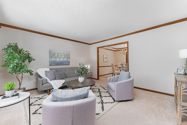 living room featuring crown molding, light colored carpet, a textured ceiling, and a chandelier