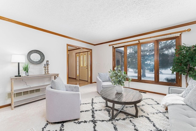 carpeted living room with crown molding and a textured ceiling