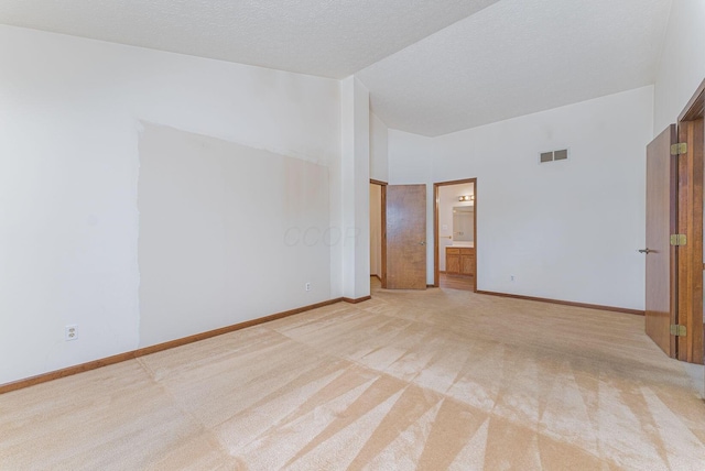 carpeted spare room featuring a textured ceiling and high vaulted ceiling