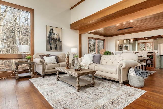 living room featuring wooden ceiling and dark wood-type flooring