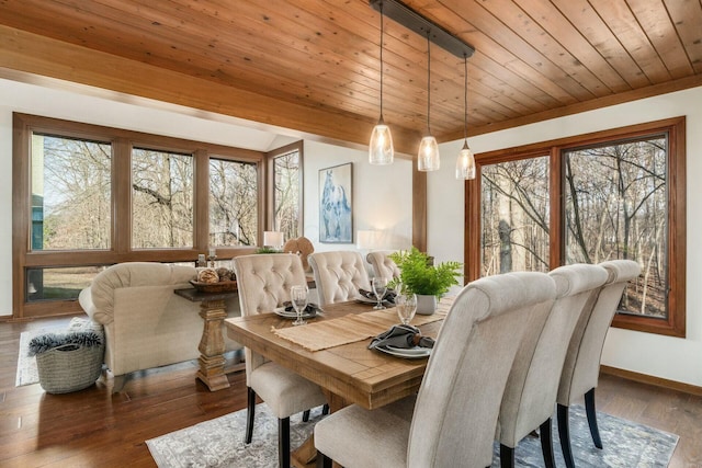 dining room with dark hardwood / wood-style floors, plenty of natural light, and wood ceiling