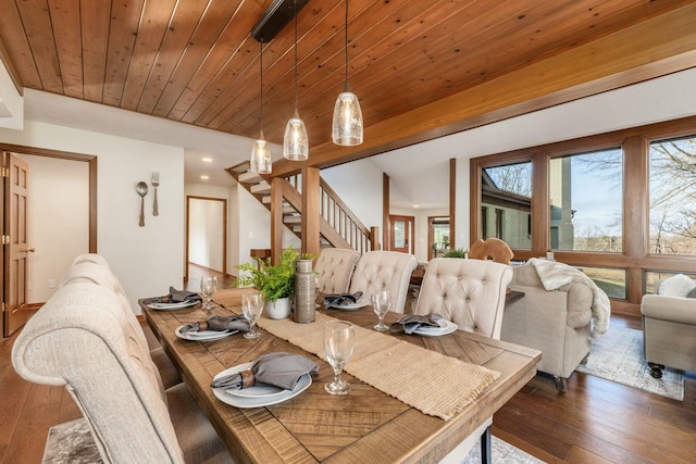 dining area featuring wood ceiling and dark wood-type flooring