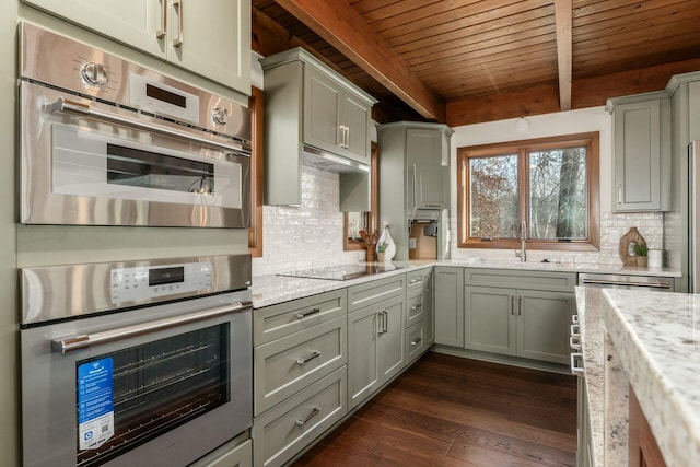 kitchen featuring wooden ceiling, dark hardwood / wood-style floors, black electric cooktop, beam ceiling, and light stone counters