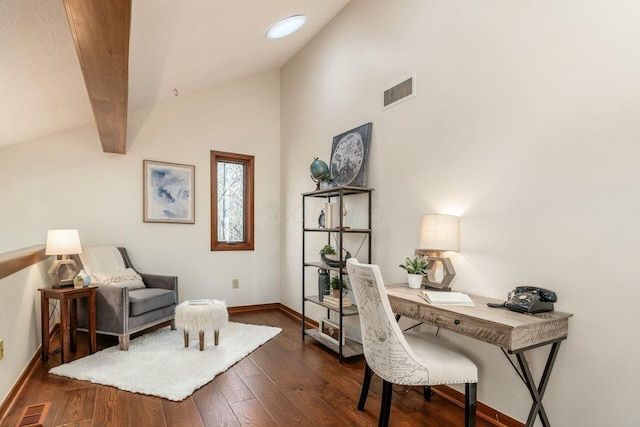 home office featuring dark hardwood / wood-style floors and high vaulted ceiling