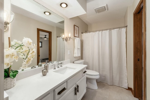 bathroom featuring tile patterned floors, ceiling fan, vanity, and toilet