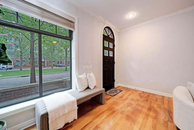 living area featuring hardwood / wood-style floors, plenty of natural light, and ornamental molding