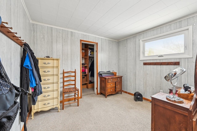 home office featuring light carpet and ornamental molding