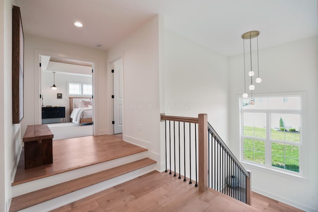 stairway with hardwood / wood-style floors and a wealth of natural light