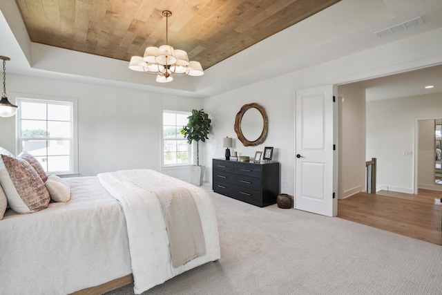 bedroom with a chandelier, wood-type flooring, a raised ceiling, and wooden ceiling