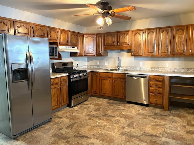 kitchen featuring ceiling fan, sink, and stainless steel appliances