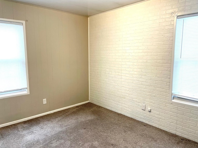 carpeted empty room with wooden walls and brick wall