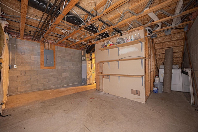 basement with electric panel, separate washer and dryer, and heating unit