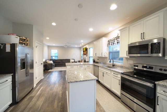 kitchen with ceiling fan, sink, stainless steel appliances, kitchen peninsula, and hardwood / wood-style floors