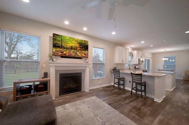 living room featuring ceiling fan, sink, a fireplace, and dark wood-type flooring