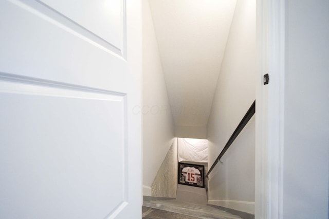 stairs featuring hardwood / wood-style flooring