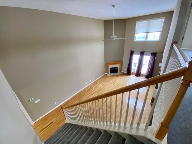 stairs with a high ceiling, hardwood / wood-style flooring, and ceiling fan