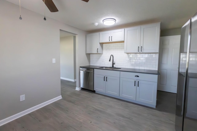 kitchen featuring white cabinetry, sink, ceiling fan, stainless steel dishwasher, and backsplash