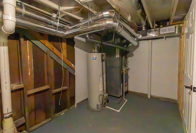 basement with heating unit and water heater