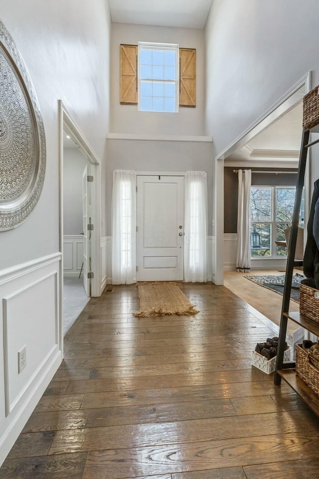 entrance foyer featuring dark hardwood / wood-style floors and a high ceiling