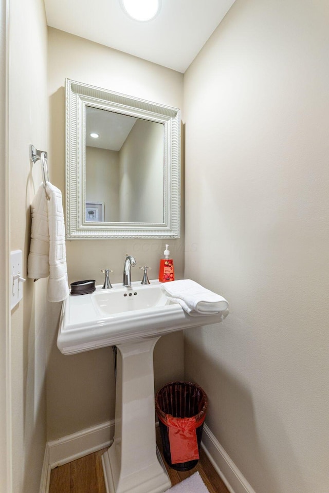 bathroom with hardwood / wood-style flooring