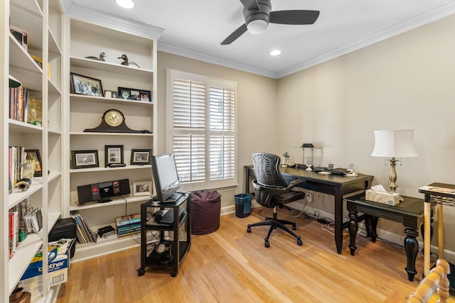 home office with ceiling fan, light hardwood / wood-style flooring, and ornamental molding