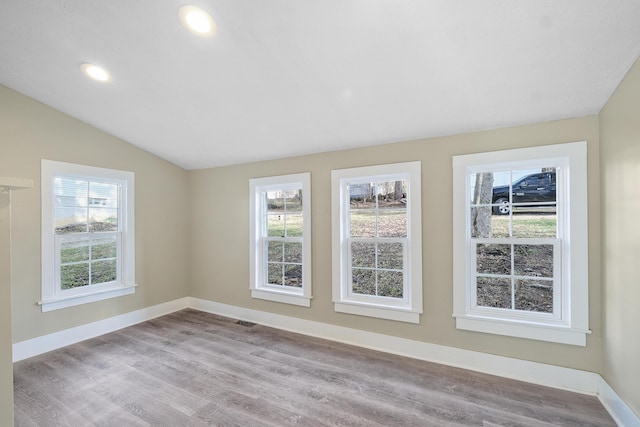 spare room with light hardwood / wood-style flooring, a wealth of natural light, and lofted ceiling