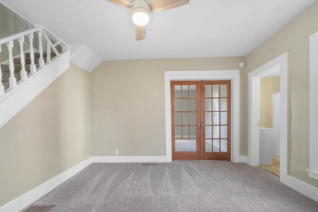 additional living space featuring ceiling fan, french doors, and carpet