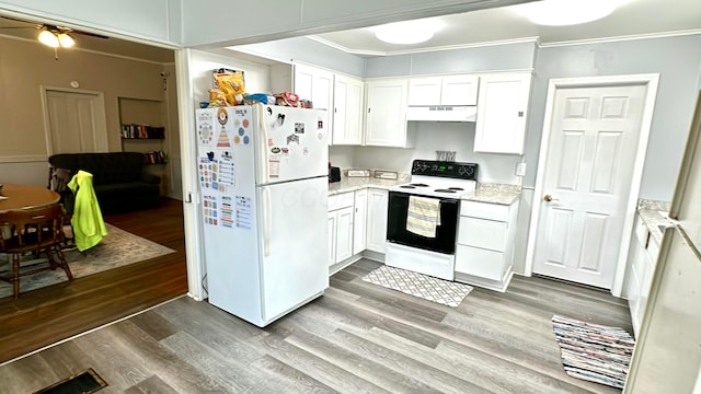 kitchen with ceiling fan, wood-type flooring, white appliances, white cabinets, and ornamental molding