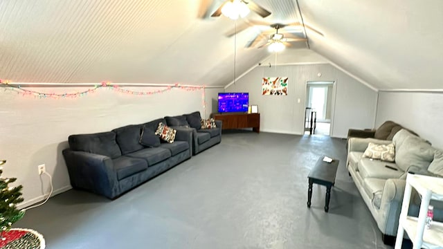 living room with ceiling fan, concrete flooring, and lofted ceiling