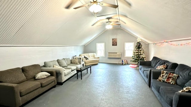 living room featuring ceiling fan, lofted ceiling, and an AC wall unit