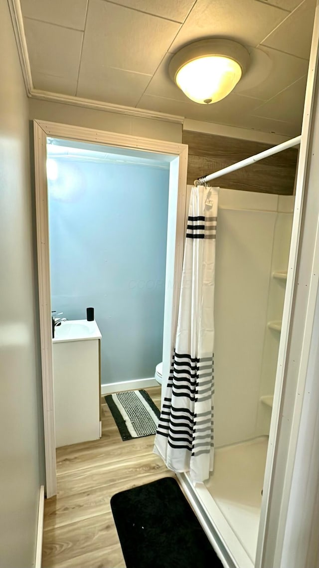 bathroom featuring hardwood / wood-style floors, vanity, ornamental molding, and a shower with shower curtain