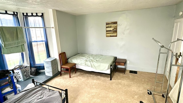 bedroom with a textured ceiling and light carpet