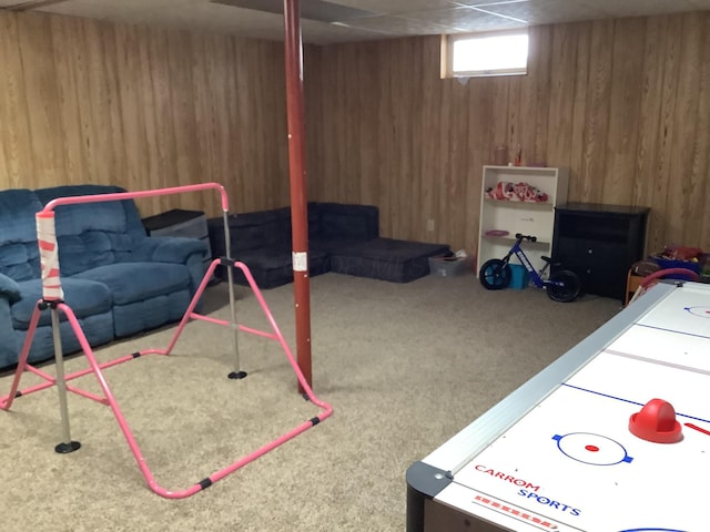 recreation room with carpet floors and wooden walls