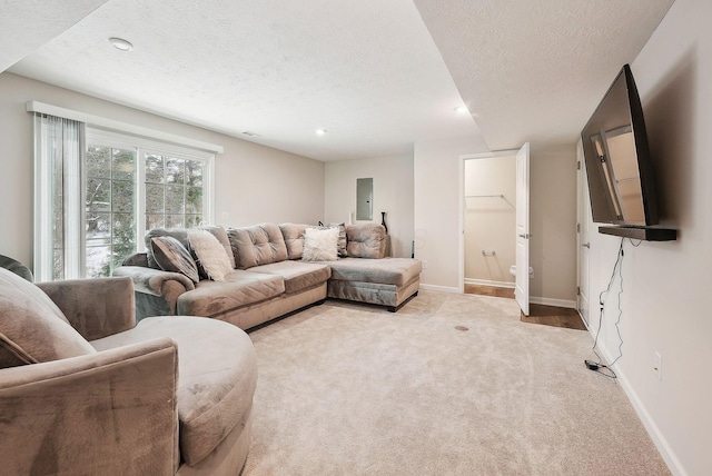 carpeted living room with electric panel and a textured ceiling