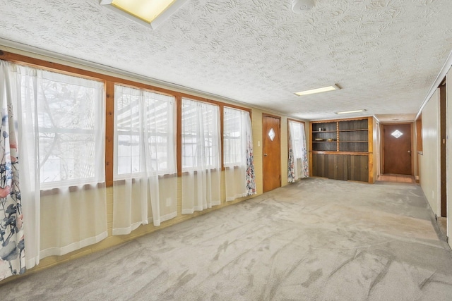 interior space with carpet floors, a textured ceiling, and wooden walls