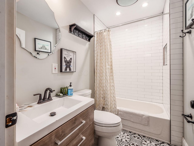 full bathroom with toilet, vanity, shower / bath combo, and tile patterned flooring