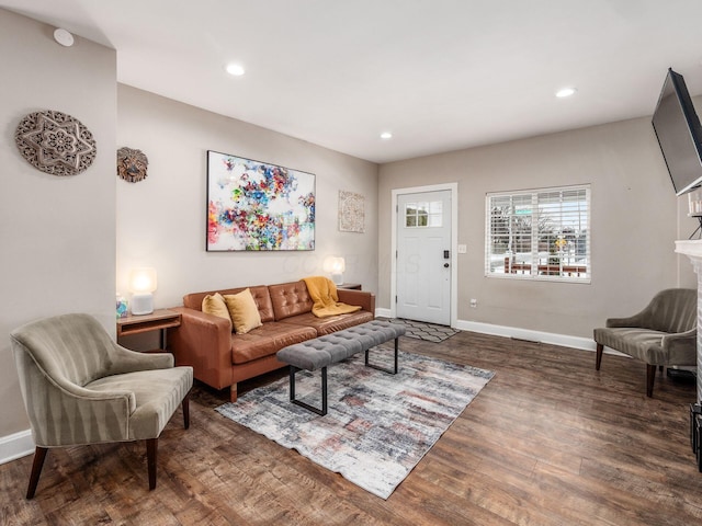 living room featuring dark wood-type flooring